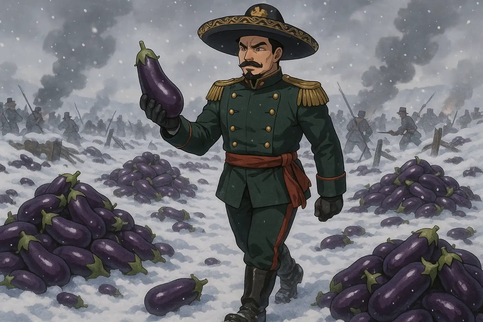 Anime-style snowy battlefield with a confident commander marching forward at a slow, deliberate pace while holding a banner with a subtle eggplant motif, Cherry Blossom hovering behind him radiating calm energy, 2:1 landscape