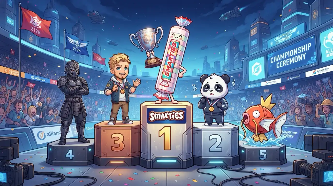 Five players standing on a podium numbered one through five, Smartie on top holding a trophy, Panda in second looking around nervously, SandMan in third, kaybetmemm in fourth, Carp in fifth, alliance banners from both states flying in the background