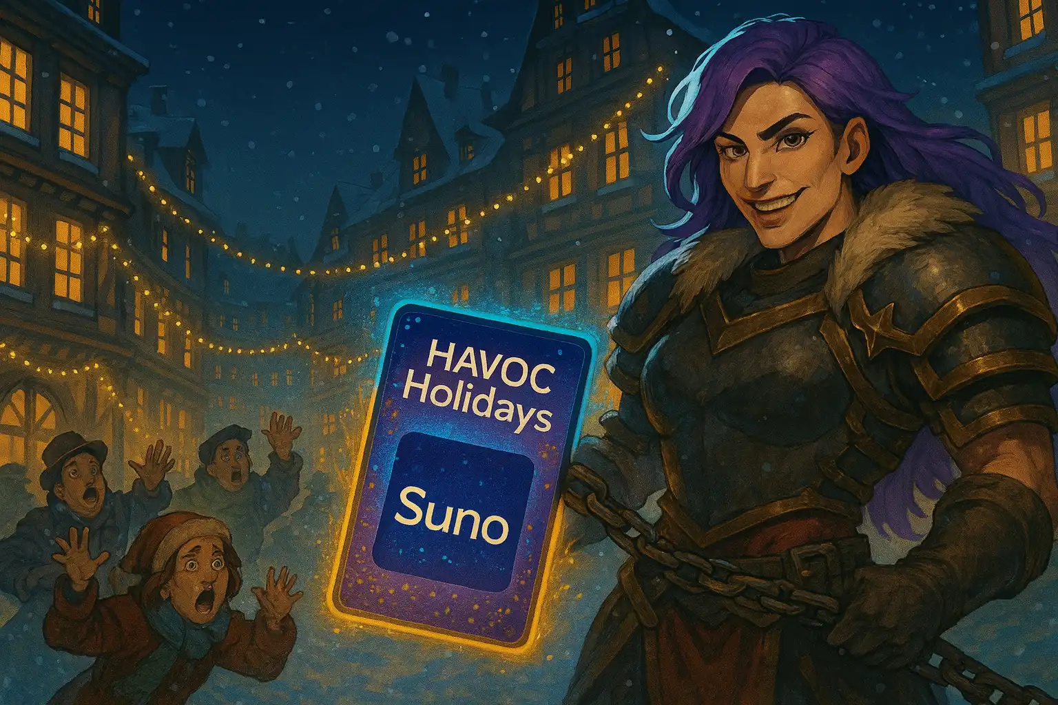 Anime-style winter city at night with glowing windows and neon snow, Whaleslaughter smirking in festive armor while dragging a sparkling playlist portal labeled 'Suno' across the street, terrified carolers scattering, 2:1 landscape