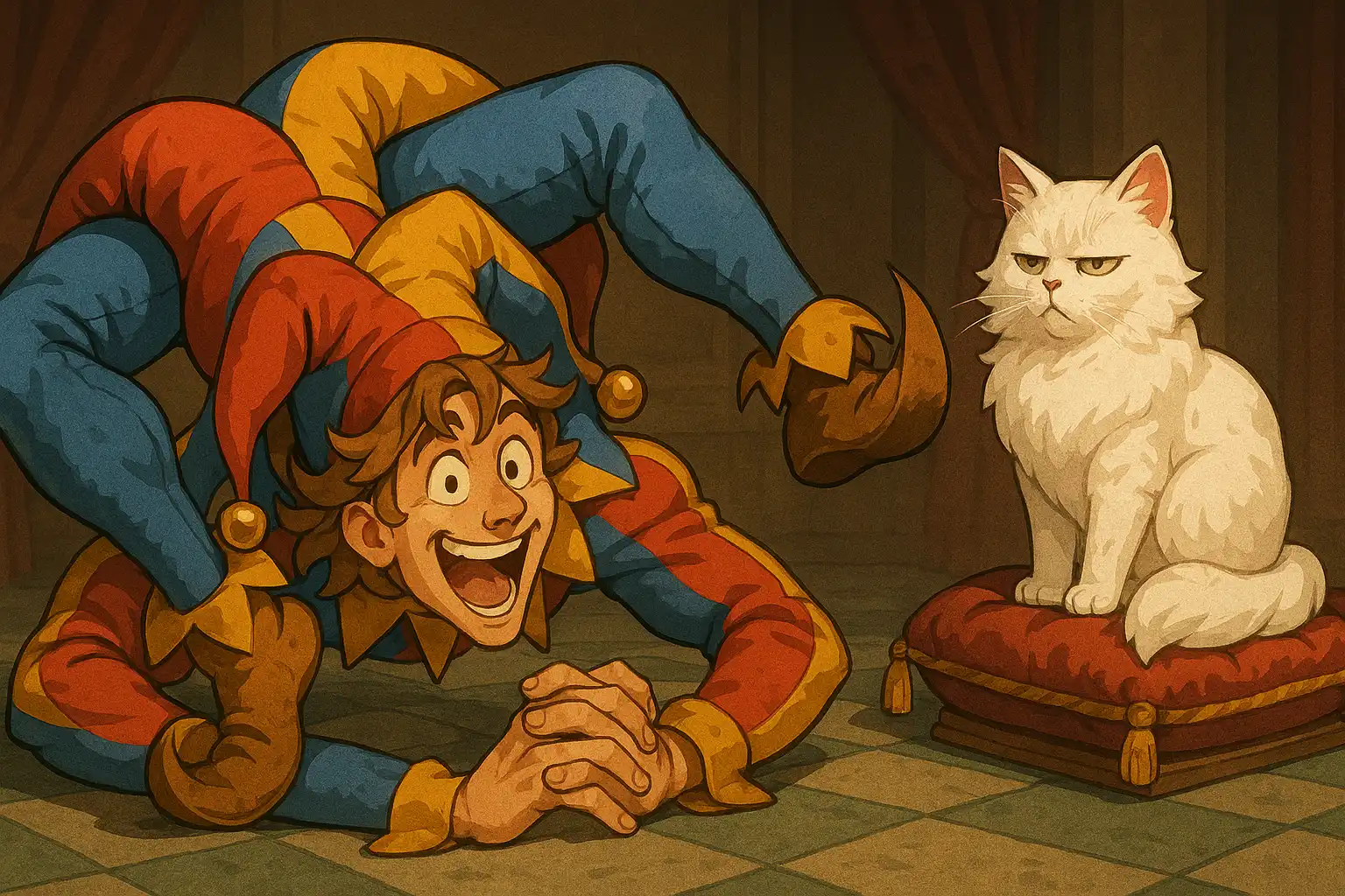 Anime-style court jester twisting into an impossible pretzel shape while a regal cat watches unimpressed from a velvet throne, soft palace lighting, true 2:1 landscape