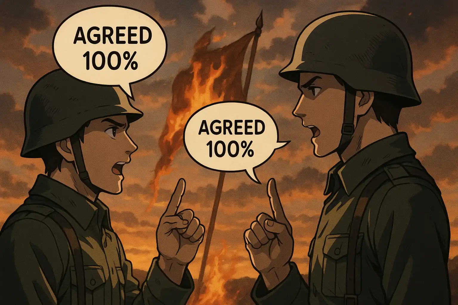 Anime-style landscape of two nearly identical soldiers standing face to face, both gesturing and speaking in sync — one slightly more shadowed than the other, as if mirrored. A banner burns faintly in the background while speech bubbles swirl with matching phrases.
