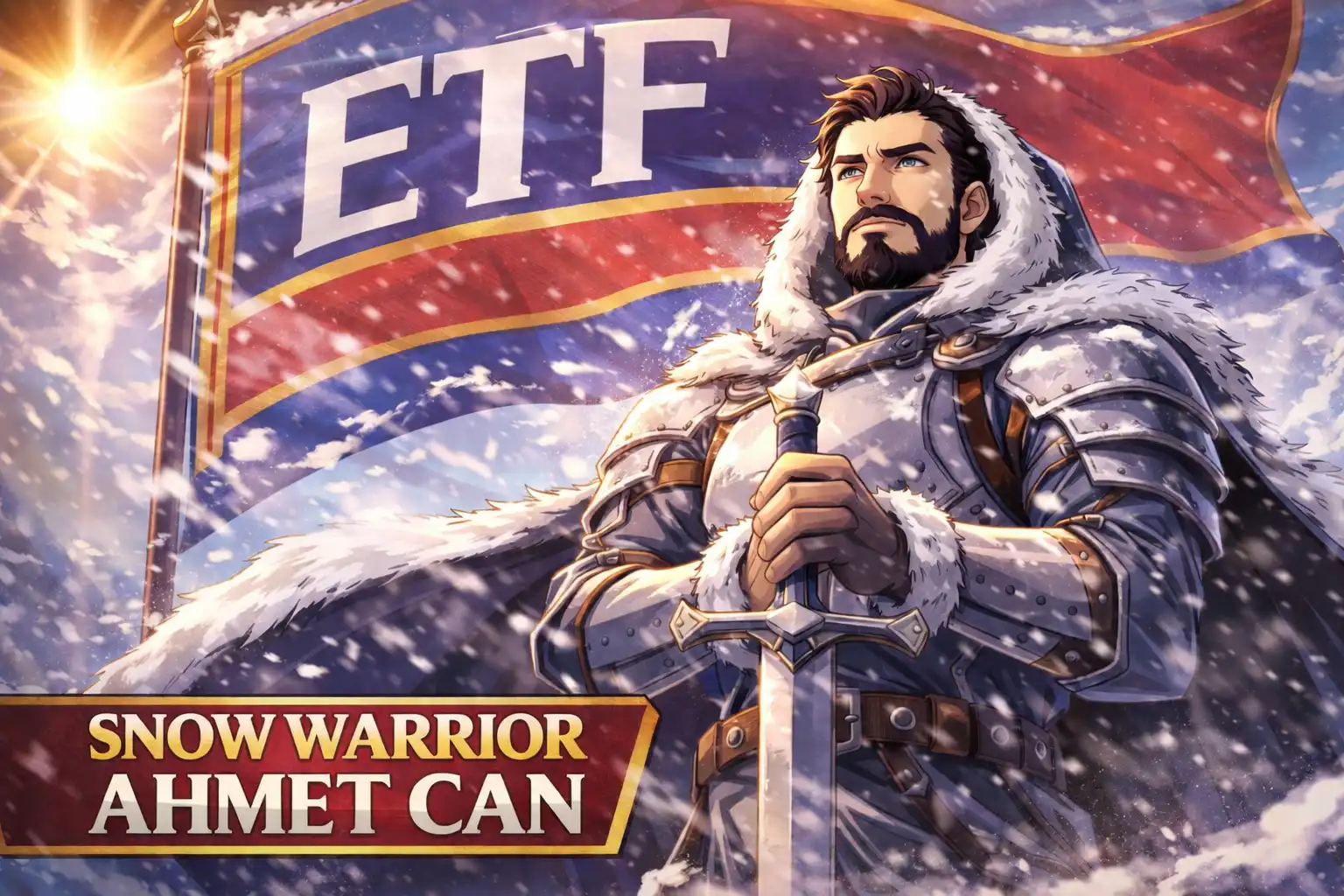 Heroic propaganda-style image of Ahmet Can standing tall with ETF banner behind him, dramatic lighting, looking noble and determined