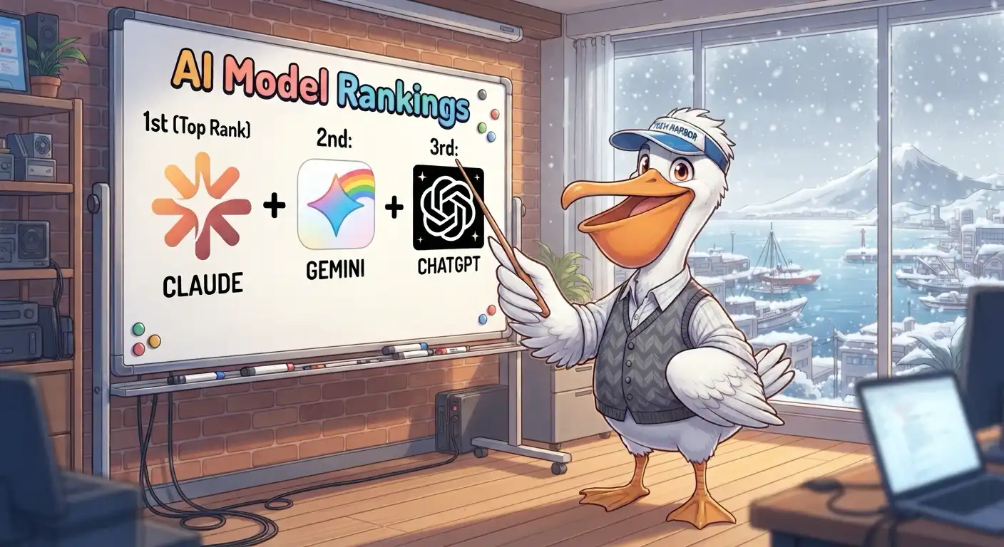 Finn Ledger the pelican in a visor pointing at a whiteboard showing the icons for Claude, Gemini, and ChatGPT ranked in order