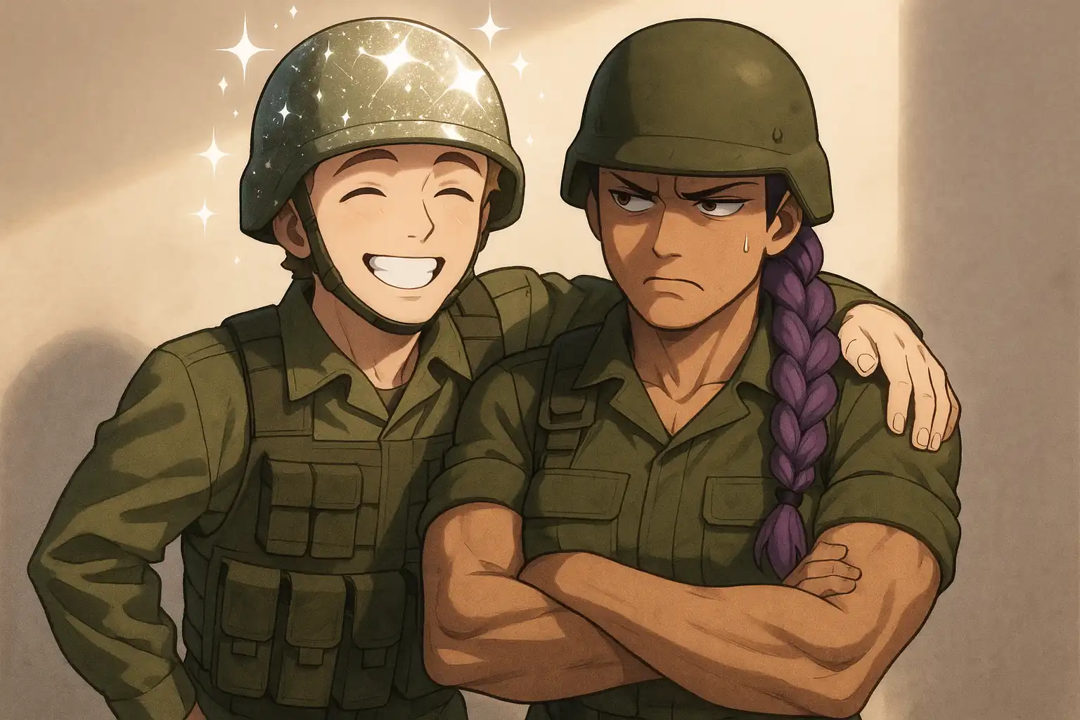 Anime-style illustration of Almas, a radiant smiling soldier with diamond-like sparkle, giving a side hug to Whaleslaughter, who looks miserably stiff and uncomfortable under his arm — light and shadow playfully contrast their moods.
