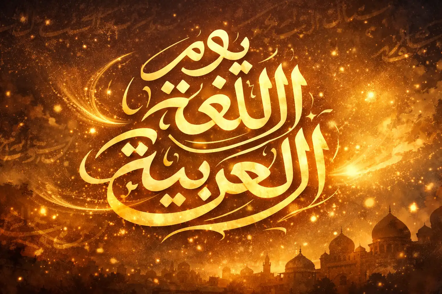 مشهد أنمي أفقي بنسبة 2:1 يتوسطه خط عربي أنيق لعبارة 'يوم اللغة العربية' يتوهج بألوان الأزرق والذهبي، مع لمسات جليدية خفيفة وإحساس بالاحتفال والثقافة المشتركة