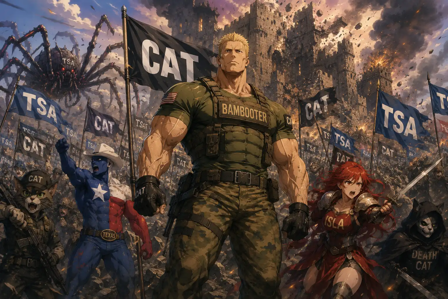 Bambooter standing at the center of a chaotic battle map, rally flags radiating outward in every direction, Spider, Big R4, Isla, and Death Cat visible in the background, the castle walls visibly crumbling in the distance