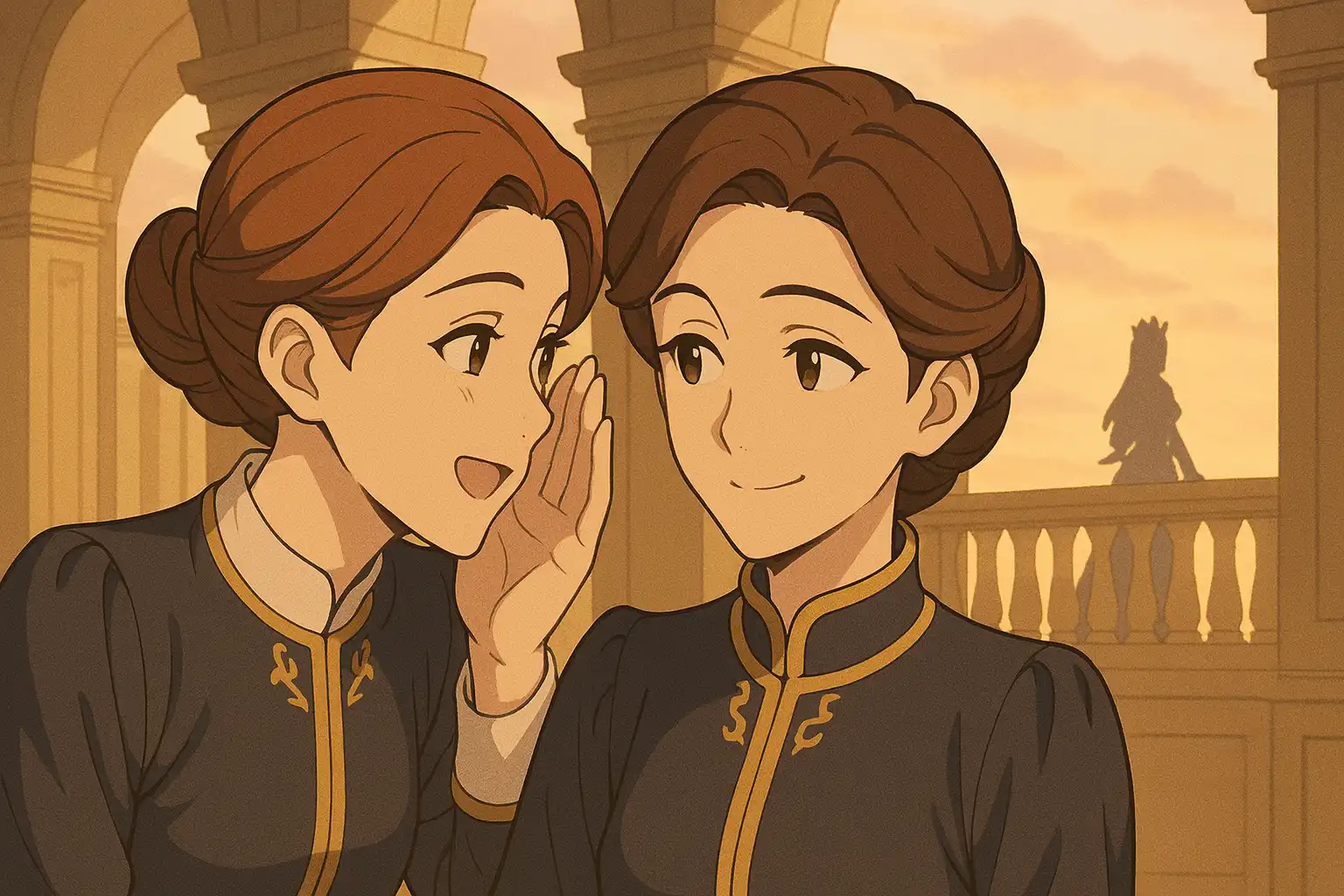 Anime-style royal aide whispering to another in a palace corridor, amused expression, soft lighting, a distant queenly silhouette on a balcony, true 2:1 landscape
