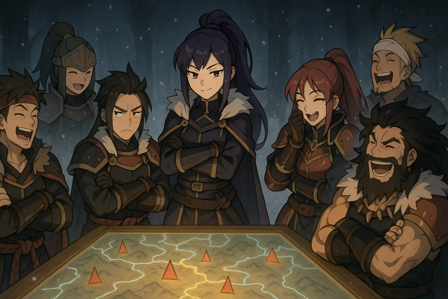 Chibi warriors in a snowy war council, most laughing and scheming while two pout dramatically with crossed arms; glowing map table, smug purple-haired commander observing like she caused this, 2:1 landscape