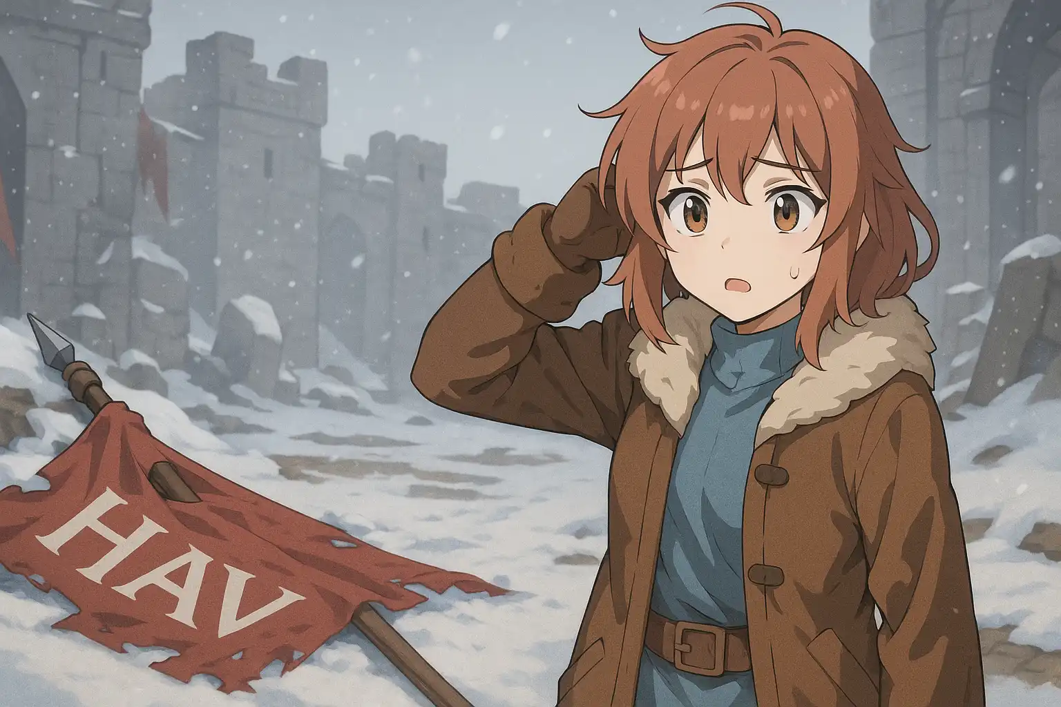 Frostbitten fortress walls littered with fallen HAVOC banners, snow swirling as faint boot prints vanish into the drift — Dii stands baffled, hammer in hand, squinting at the mystery.