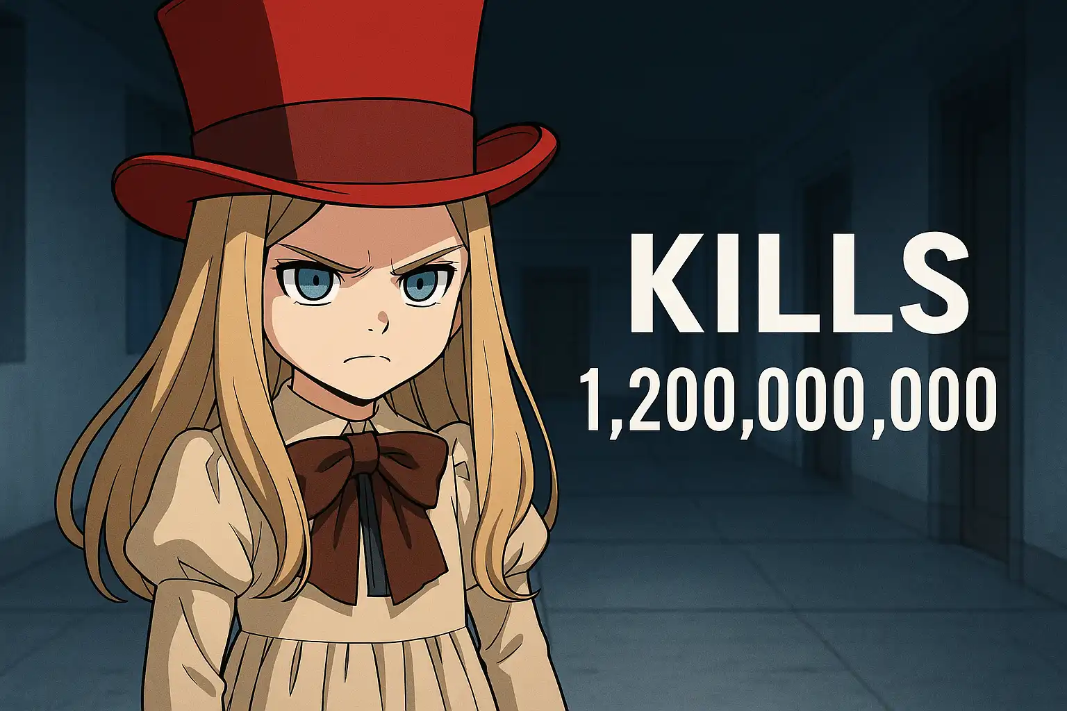 Anime-style Cammie with an innocent smile and glowing eyes standing amid fallen enemies, holding a snow-dusted tablet that tracks her rising kill count.