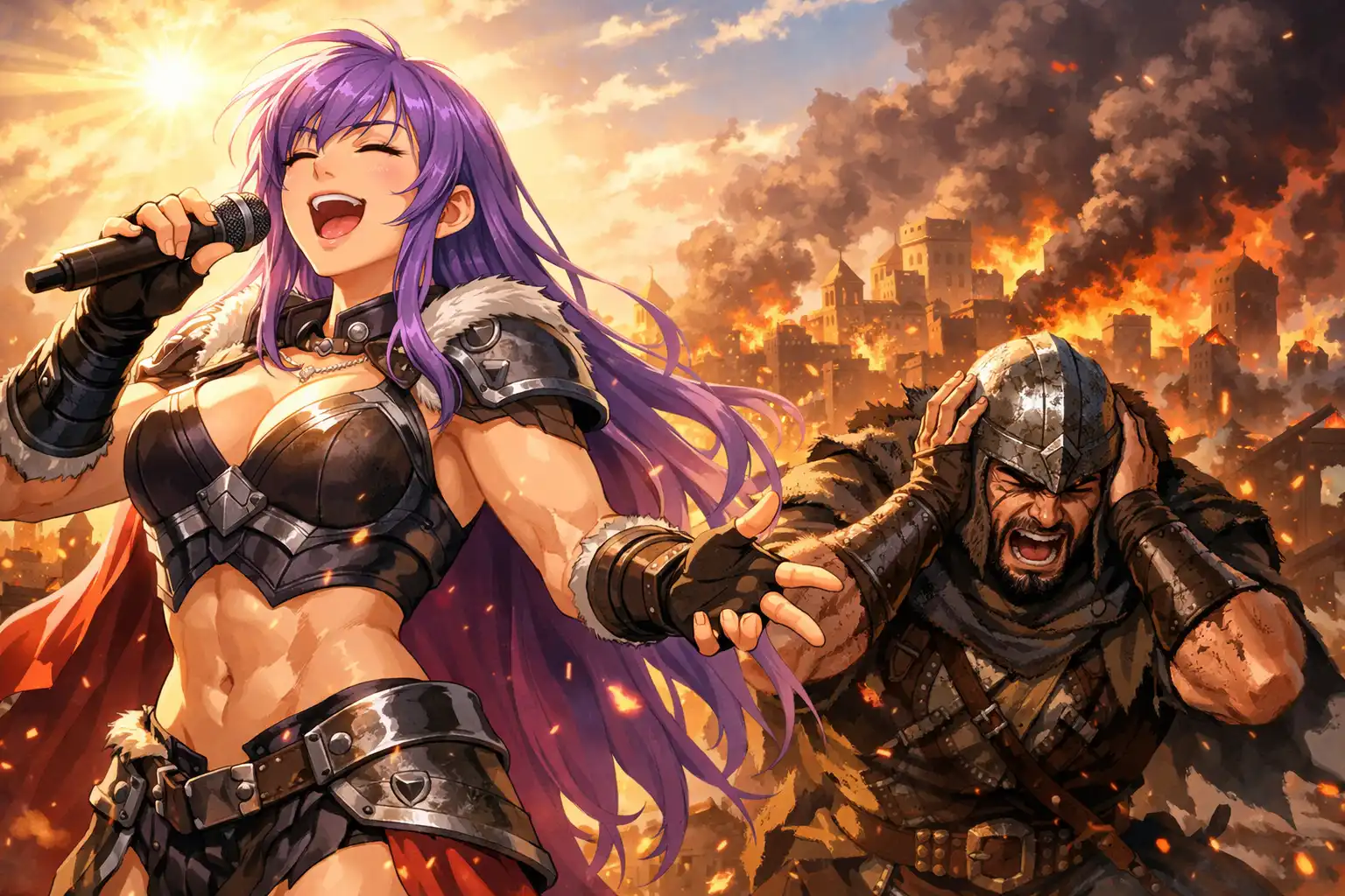 Anime-style Whaleslaughter cheerfully singing into morning sunlight while Ahmet Can covers his ears in agony in the background, city burning behind him