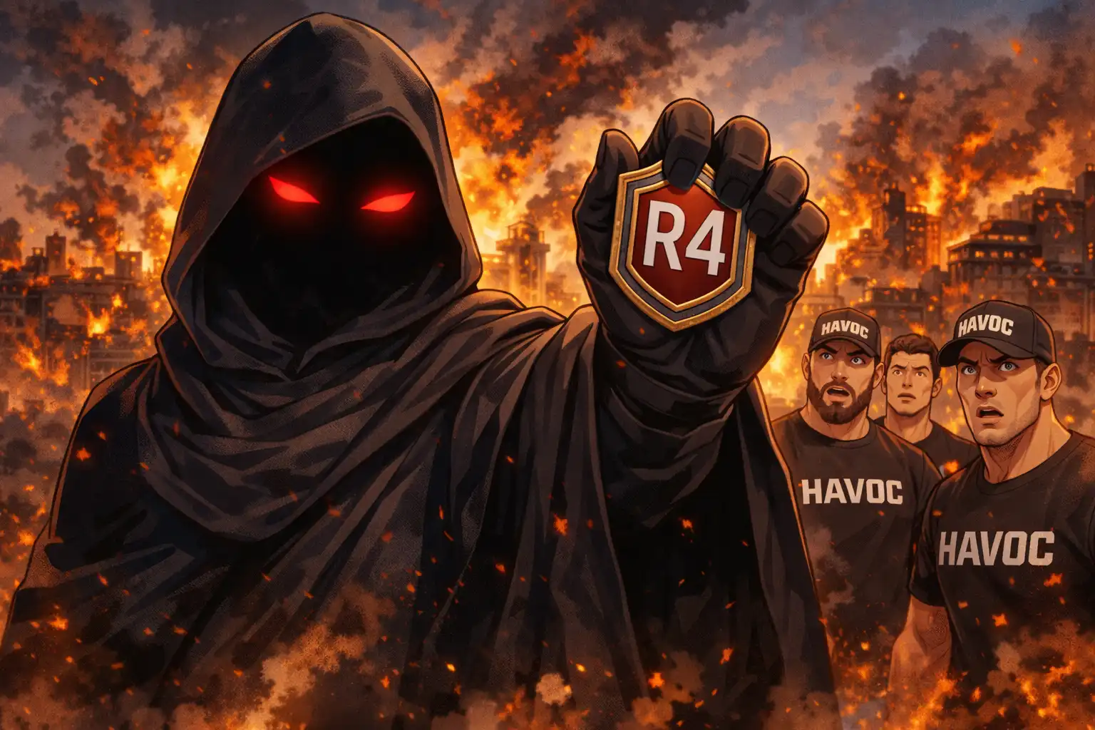 Anime-style Ahmet Can standing proudly with R4 badge while confused HAVOC members watch in disbelief from a distance, burned cities smoldering in background