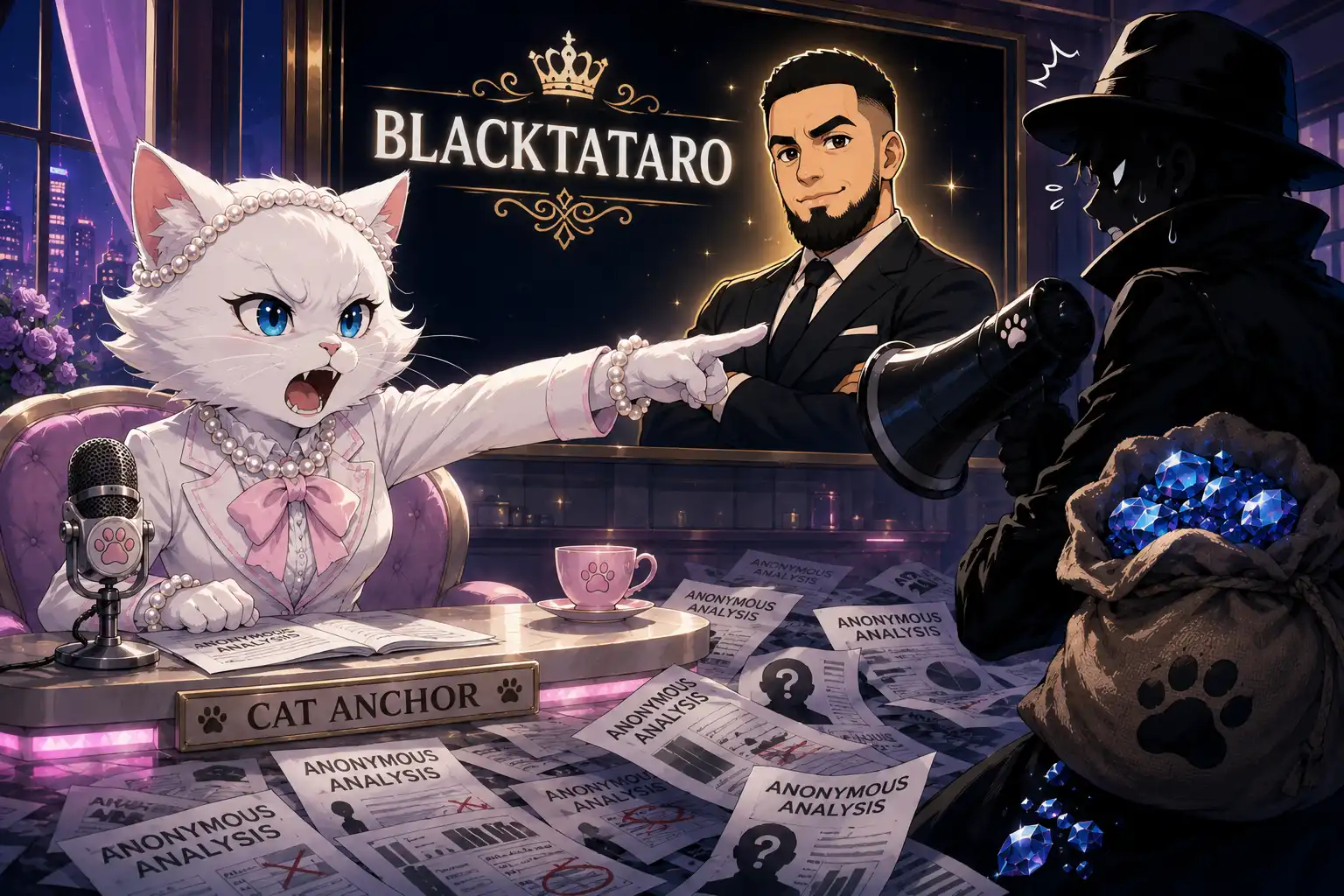 Catty von Catacean in pearls pointing furiously across a news desk covered in Anonymous Analysis papers at a shadowy cloaked figure holding a megaphone, BLACKTATARO visible on a glowing screen in the background looking dignified with an excellent beard, blue crystals spilling from a bag on the floor