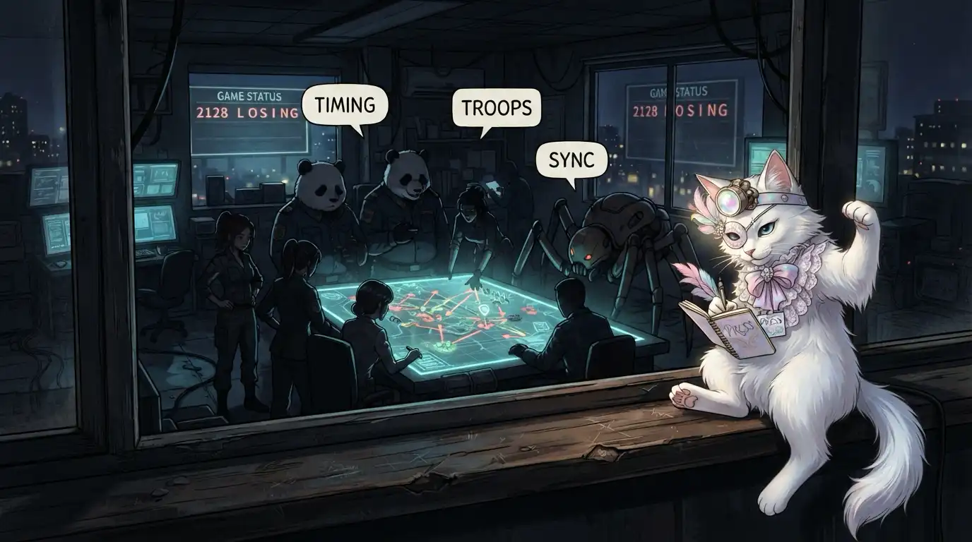 A cat reporter perched on a windowsill peering into a dark war room where silhouettes huddle over a glowing map table, speech bubbles reading timing troops sync floating above them, the scoreboard visible through another window showing 2128 losing, the cat taking notes