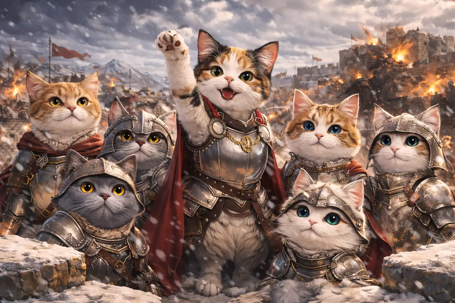 Anime-style Catty von Catacean gazing dreamily at CAT alliance banners from State 2316, surrounded by imagined handsome soldiers while State 2128 chaos erupts ignored in the background