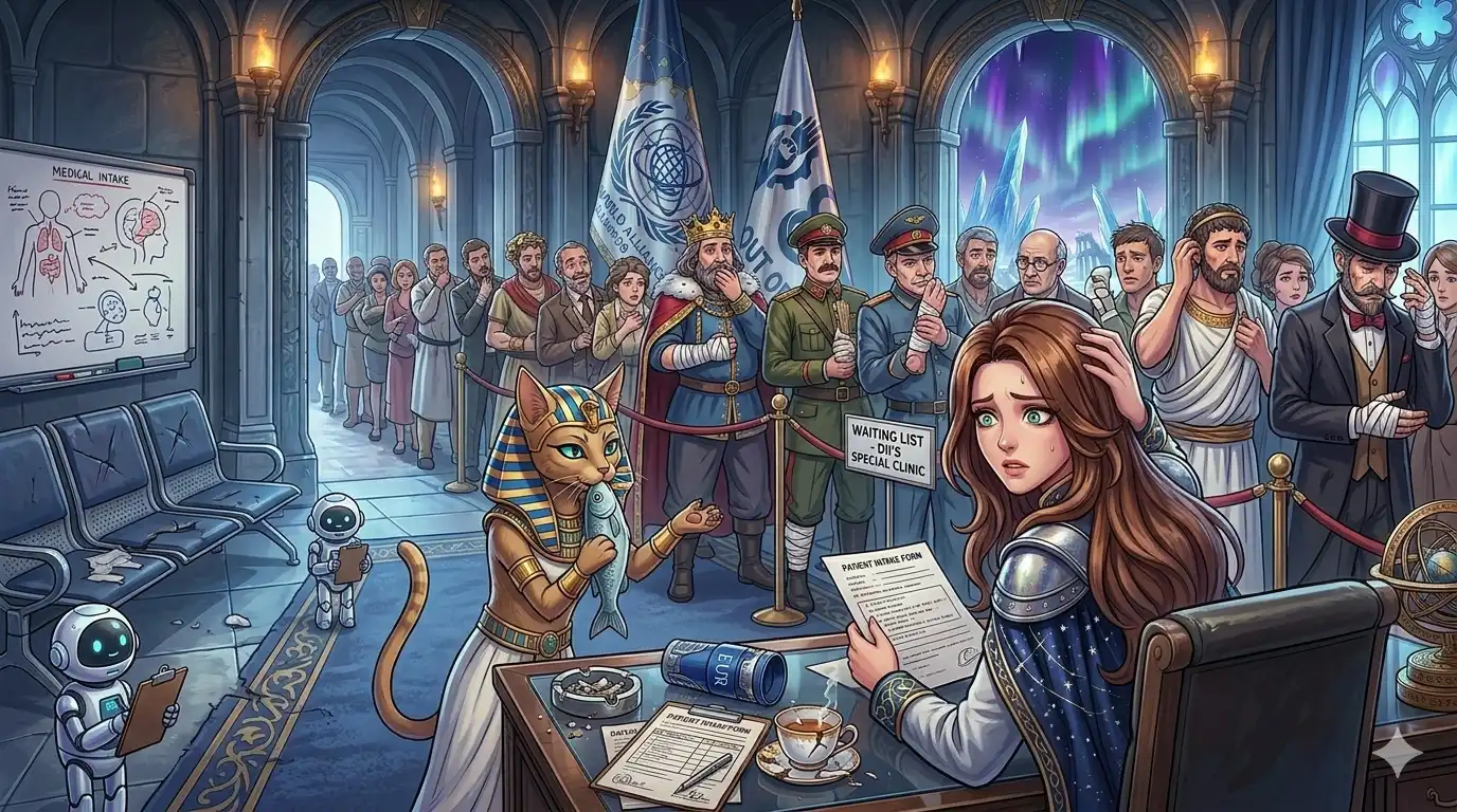 A regal presidential office converted into a chaotic waiting room, Dii behind her desk looking like she deeply regrets mentioning her credentials, a queue stretching out the door featuring recognizable state figures clutching various body parts, Pharaonic Cat has brought a fish she claims is also unwell