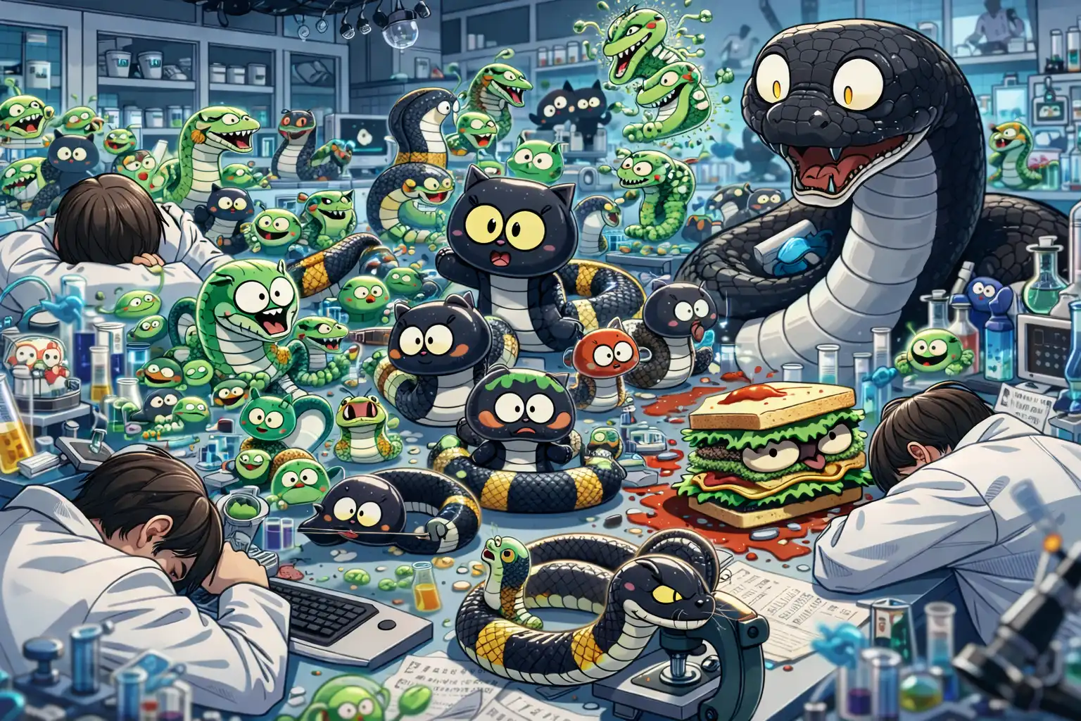 Chaotic anime laboratory completely overrun with different Dooly variants - mini, bacteria, cat, doubled, negative, sandwich-style, murderous - while scientists have given up and original Dooly stares in existential horror
