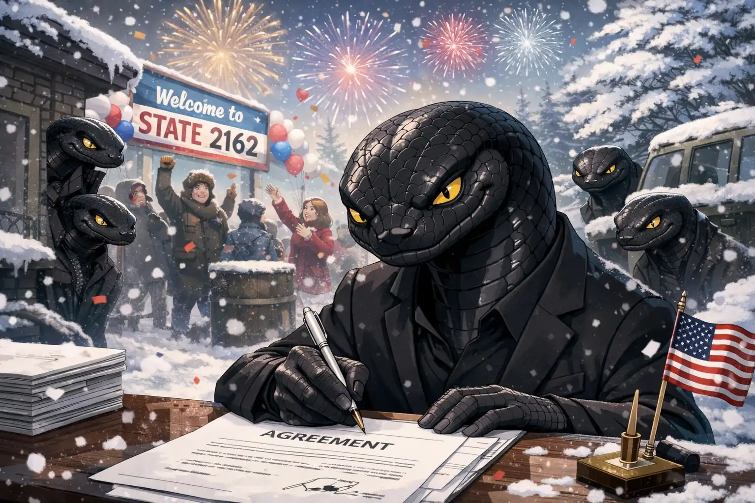 Anime-style President Dooly with a subtle smirk signing agreement documents while State 2162 celebrates in background, unaware that several Dooly clones are already positioning themselves suspiciously
