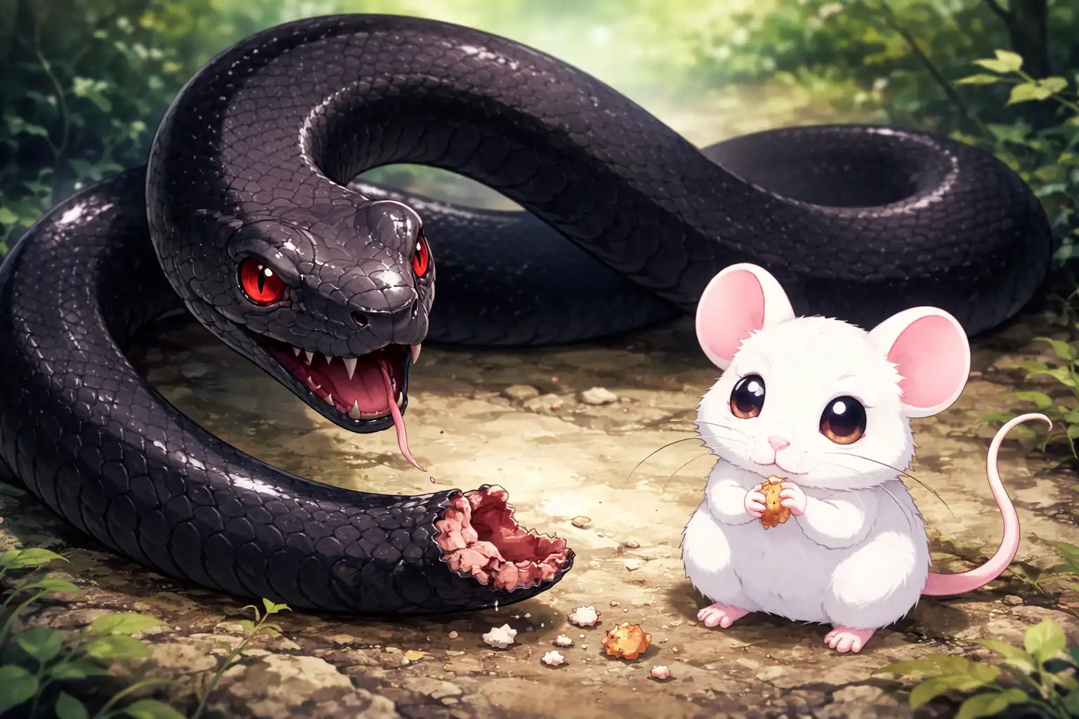 Anime-style President Dooly examining his shortened tail with confusion while Lyn the mouse sits nearby looking suspiciously innocent, crumbs visible around her mouth