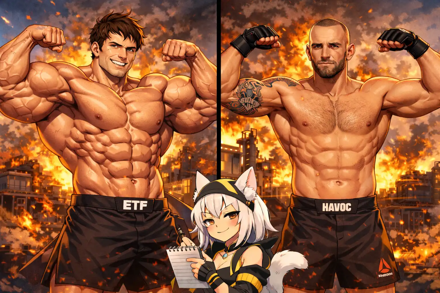 Anime-style split screen showing ETF's AI-generated muscular whale on one side and HAVOC's real-life muscle man on the other, both in battle stance at a facility