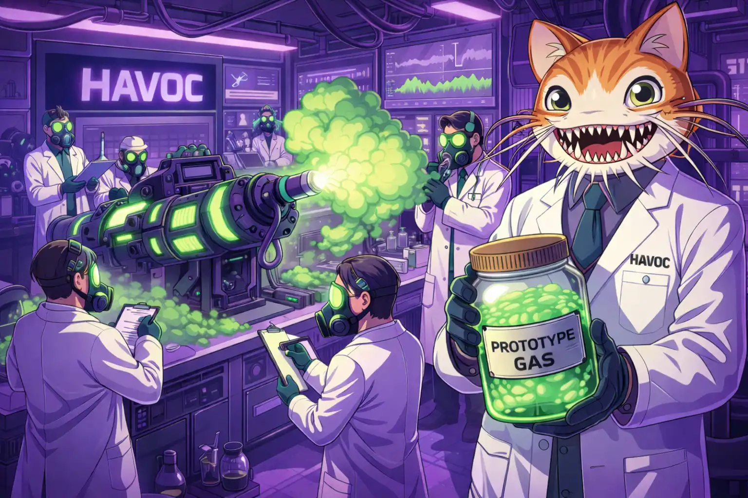 Anime-style laboratory with HAVOC scientists in lab coats testing a ridiculous weapon that fires green gas clouds, Dr. Dooly Catfish proudly holding a jar labeled 'Prototype Gas', other scientists wearing gas masks and taking notes