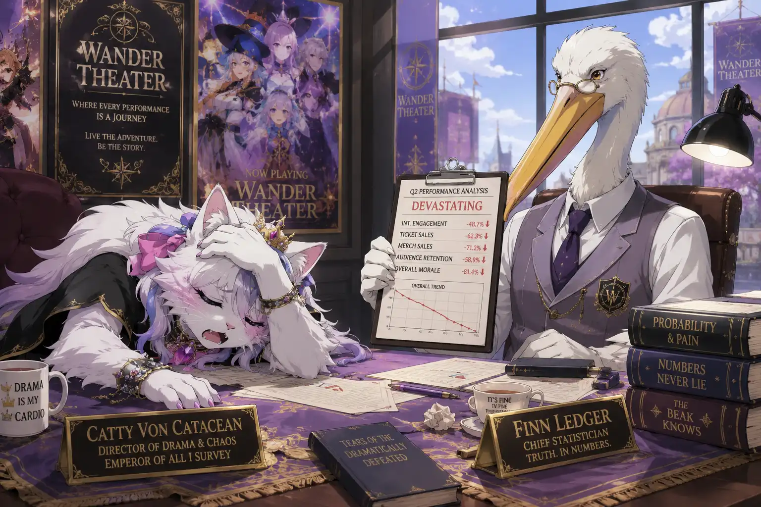 Catty von Catacean dramatically slumped at a desk across from Finn Ledger who is calmly reviewing a clipboard of devastating statistics, Wander Theater promotional material visible in the background