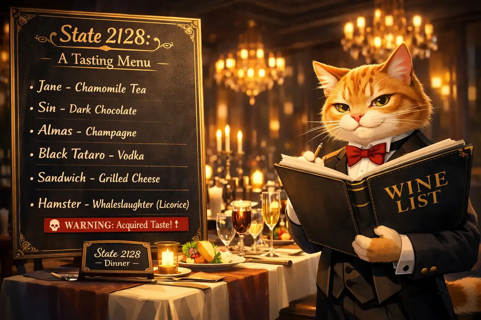 An elegant restaurant menu board with player names listed as dishes, a dramatically lit table set for the entire state, a cat sommelier holding a comically large wine list, Whaleslaughter's entry has a small warning label