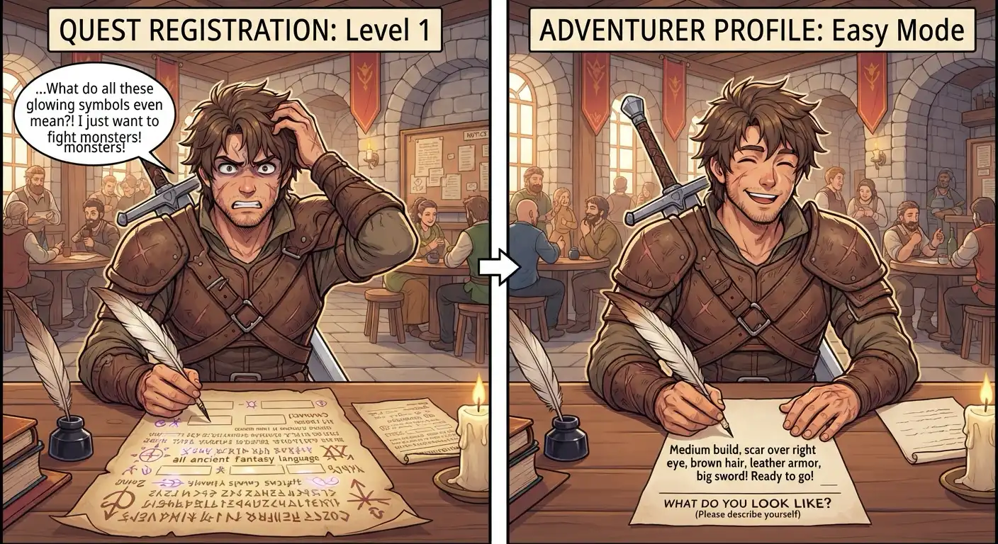 A confused player staring at a form with fields labeled in ancient runes, a second panel showing the same player breezing through a form that just says what do you look like with a big smile, Catty in the background looking satisfied
