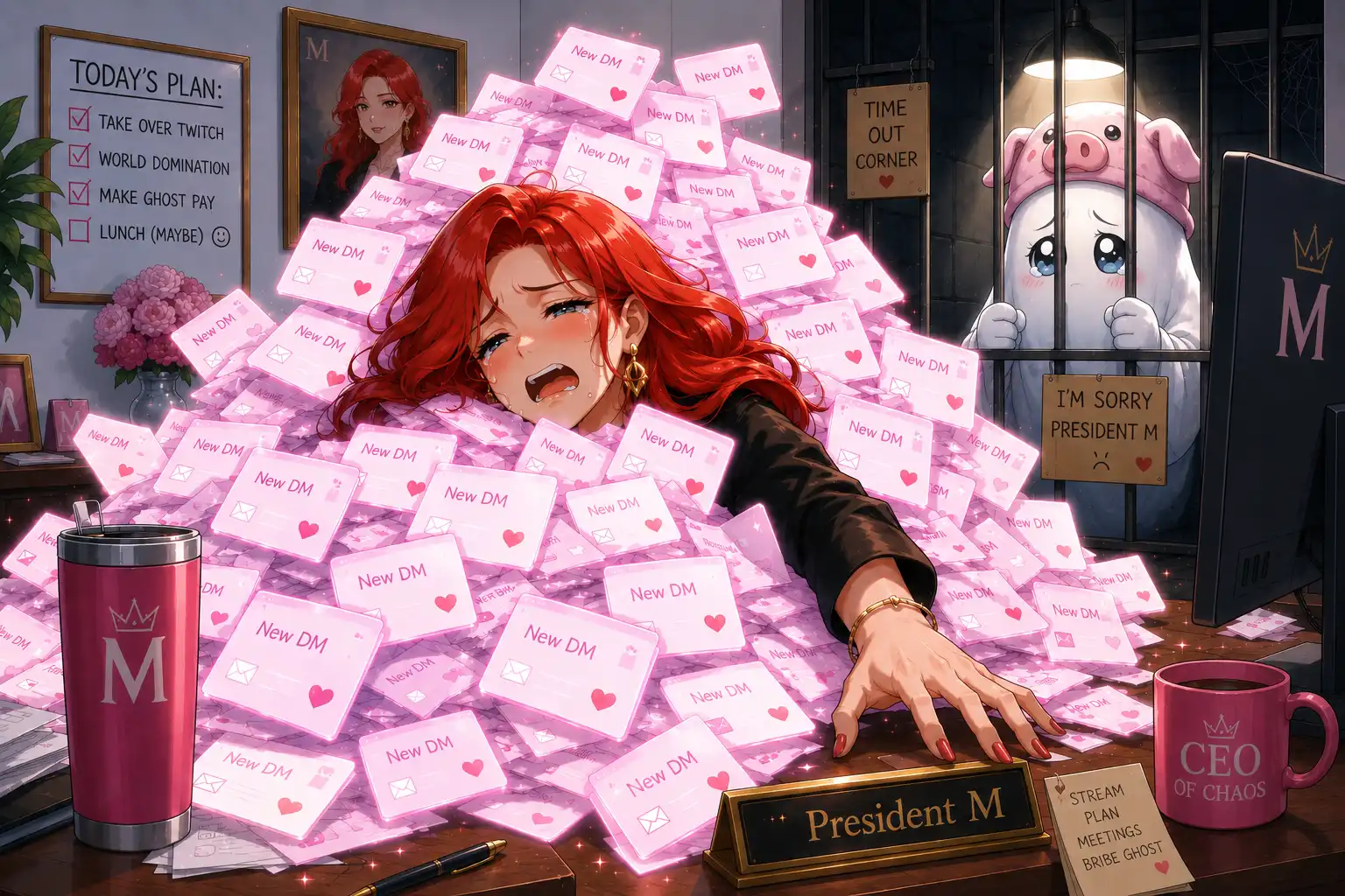 President M buried under glowing DMs at her desk, expression of a woman at her absolute limit, GhoOost visible through jail bars in the background wearing a piggy hat looking genuinely sorry