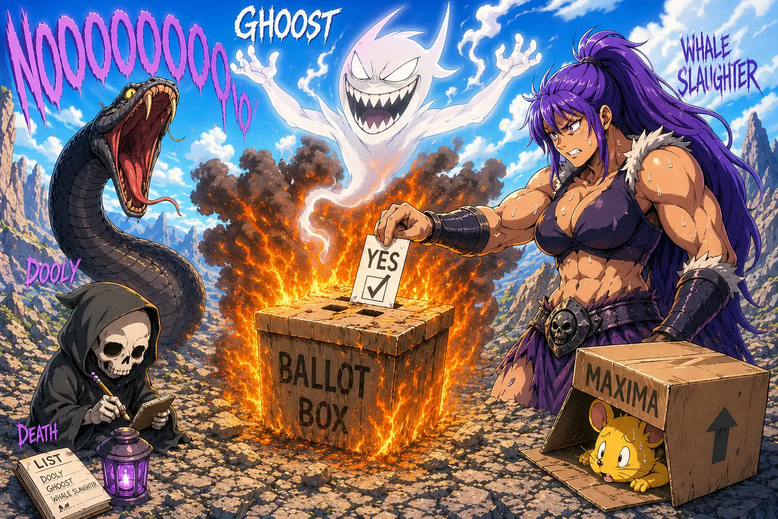 A ballot box on fire, GhoOost hovering dramatically above it looking extremely pleased, Dooly in the background with his mouth open in a sustained NOOOOO, Death quietly writing names in a small notebook, Whaleslaughter voting yes while visibly sweating