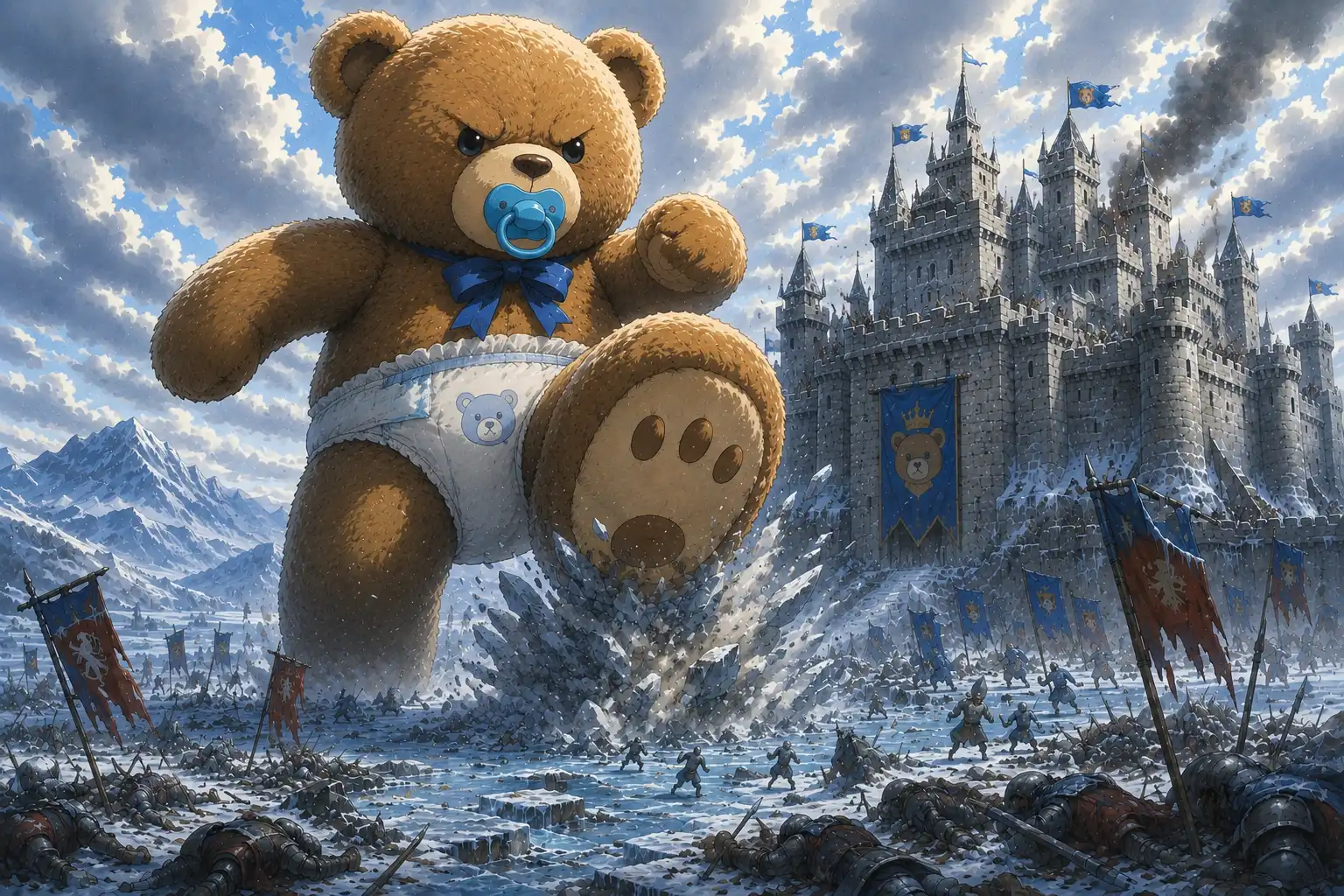 A teddy bear diaper and pacifier visible below, stomping on troops and taking the castle