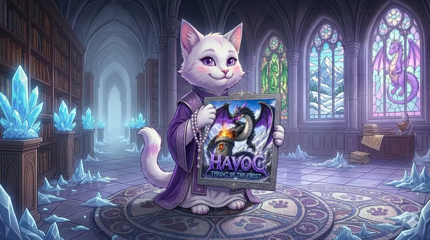 Catty Von Catacean holding the album cover like a religious artifact, eyes wide, pearls clutched, a single dramatic tear, the HAVOC dragon visible behind her looking extremely pleased with itself