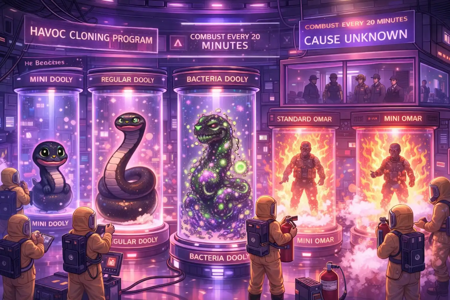 Chaotic anime-style HAVOC laboratory with Dooly variants loose, both Omars actively on fire, scientists in hazmat suits trying to contain Bacteria Dooly while warning signs flash everywhere