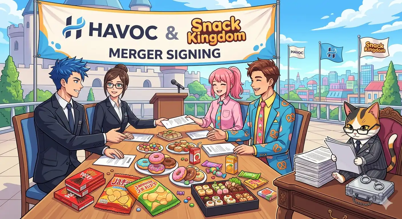 A formal merger signing ceremony with HAVOC and Snack Kingdom representatives shaking hands across a table covered in snacks, Pharaonic Cat in a tiny business suit in the corner pretending to read paperwork, a briefcase handcuffed to his wrist