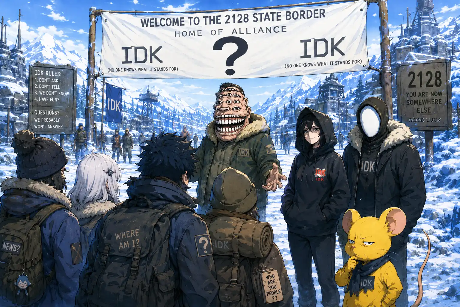 A group of new players arriving at the state border, a welcome banner overhead with a large question mark where the alliance name should be, existing residents squinting at them trying to figure out who they are