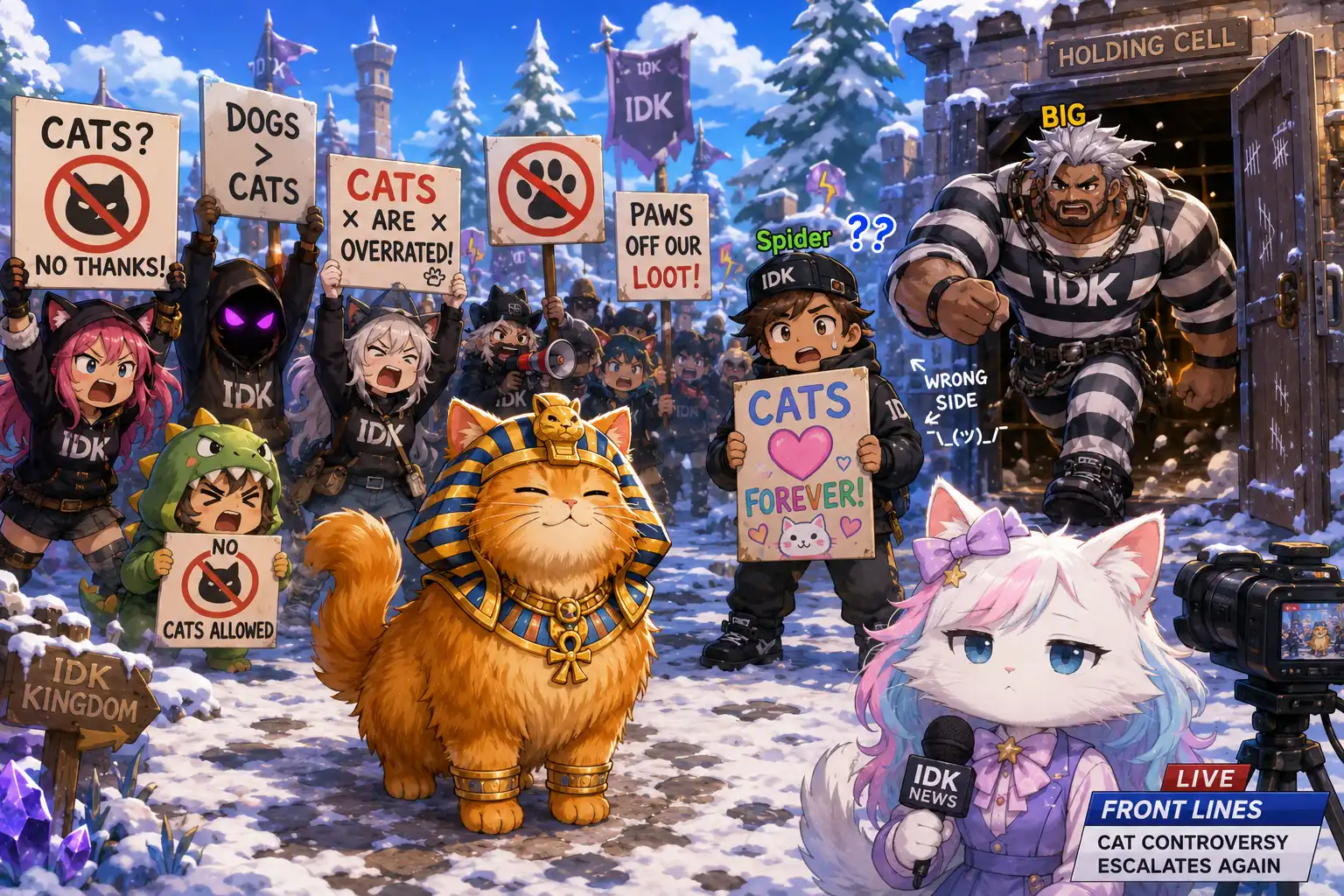 Pharaonic Cat standing completely unbothered while IDK members wave anti-cat signs behind him, Spider holding a pro-cat sign on the wrong side of the argument, BIG emerging from jail into the middle of all of it, a white cat with pastel accents reporting from the front lines with a completely neutral expression
