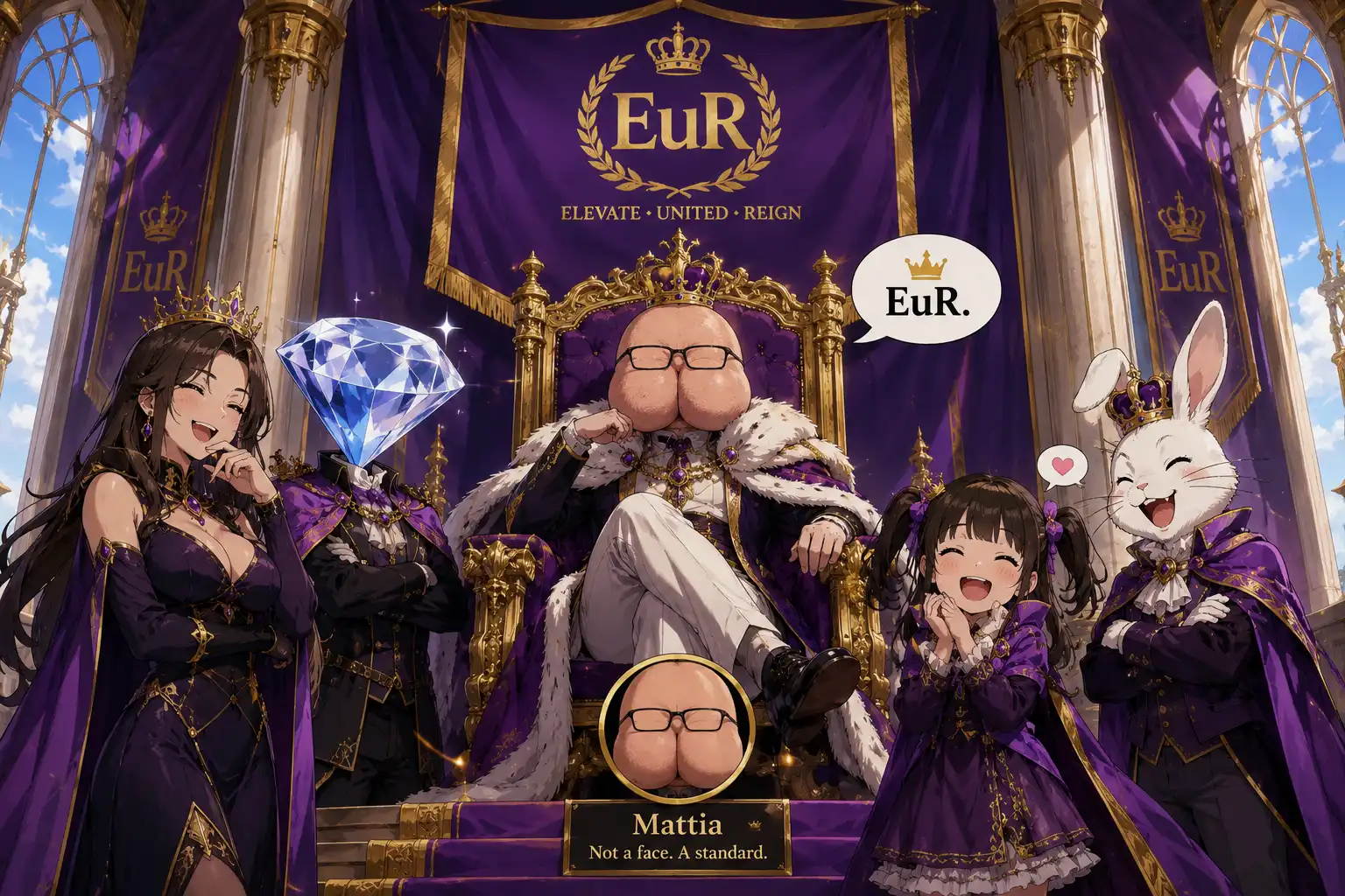 A royal throne room with the Snack Kingdom banner being replaced by a new flag, EuR members looking extremely pleased with themselves, Mattia on the throne looking regal, his profile picture visible and speaking for itself