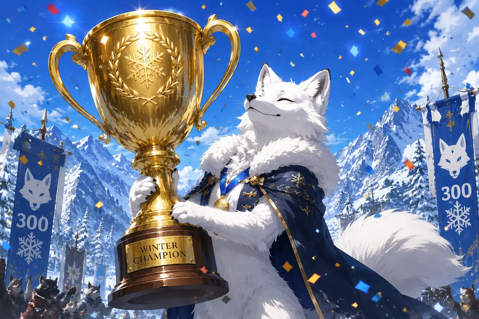 A giant golden trophy held by a proud white fox, confetti falling