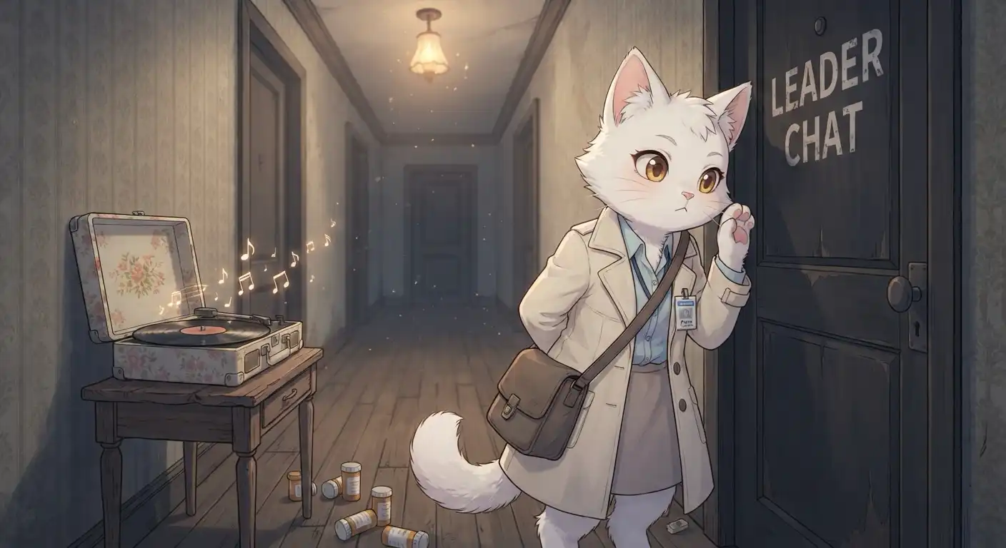 A cat reporter pressing her ear against a locked door labeled Leader Chat, muffled arguing coming from inside, a record player in the hallway playing a tavern song, several prescription bottles scattered on the floor