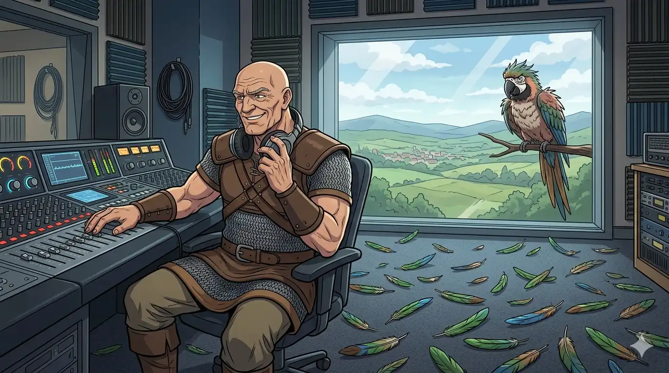 Mordukai in a recording studio looking extremely pleased with himself, feathers scattered on the floor, a very offended looking bird visible through the window, Catty Von Catacean leaning in with a microphone and far too much excitement