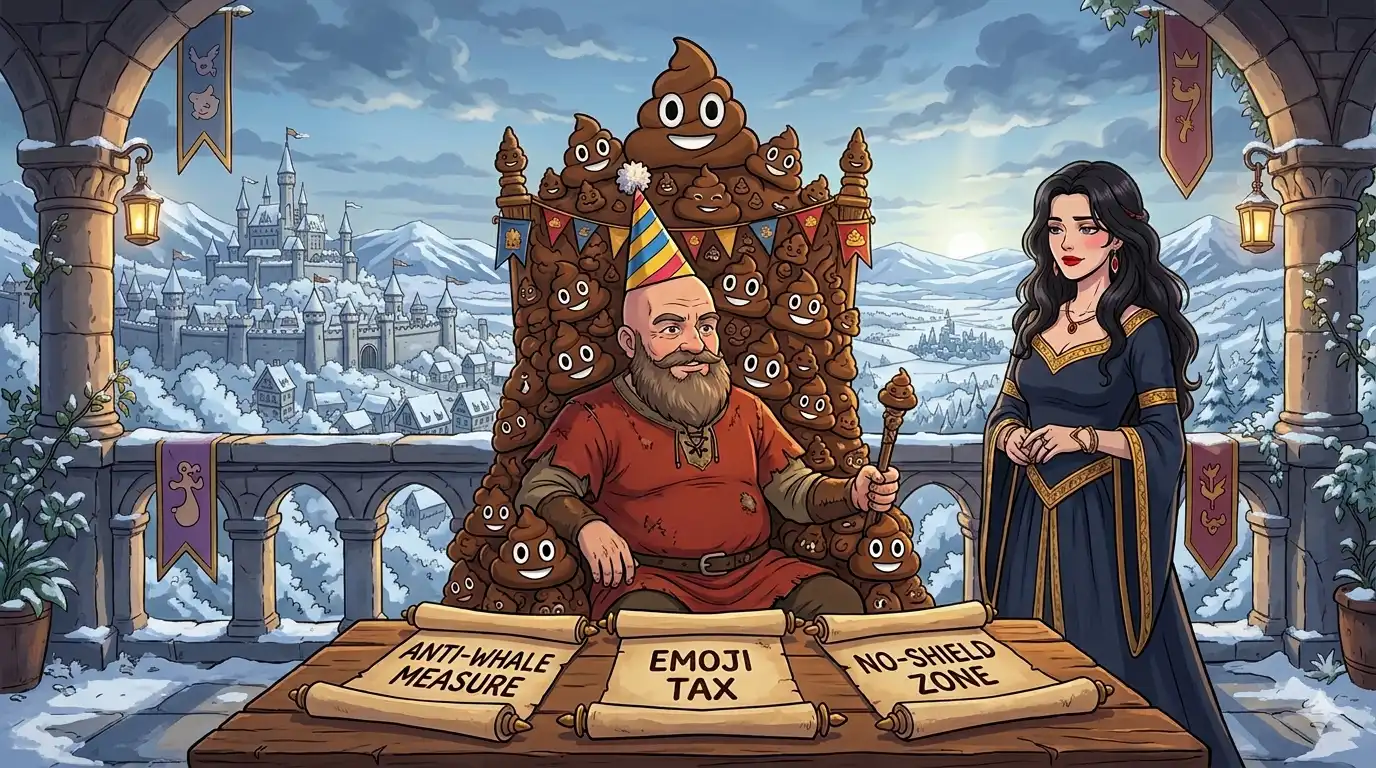 Mordukai in a cone hat seated at a throne made of poop emojis, three official-looking scrolls unfurled before him labeled Anti-Whale Measure, Emoji Tax, and No-Shield Zone, Sin standing to the side looking composed and slightly tired