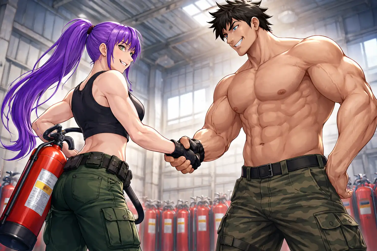 Anime-style Mr. Muscles relocating his city into HAVOC territory while leadership watches with mixture of excitement and suspicion, welcoming committee holding both flowers and fire extinguishers