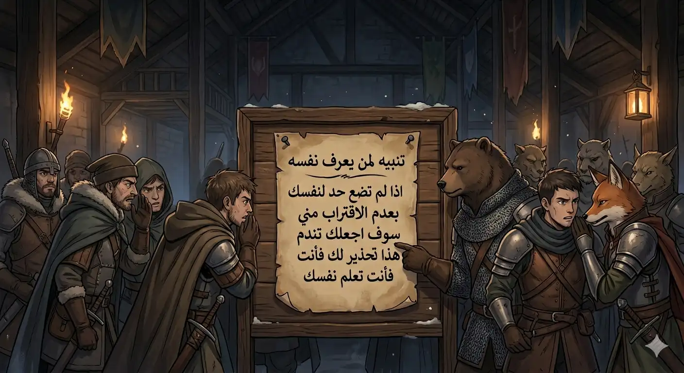 A dramatic scroll pinned to a notice board in a dimly lit alliance hall, everyone gathered around it pointing and whispering, one person in the back looking very specifically at the ceiling
