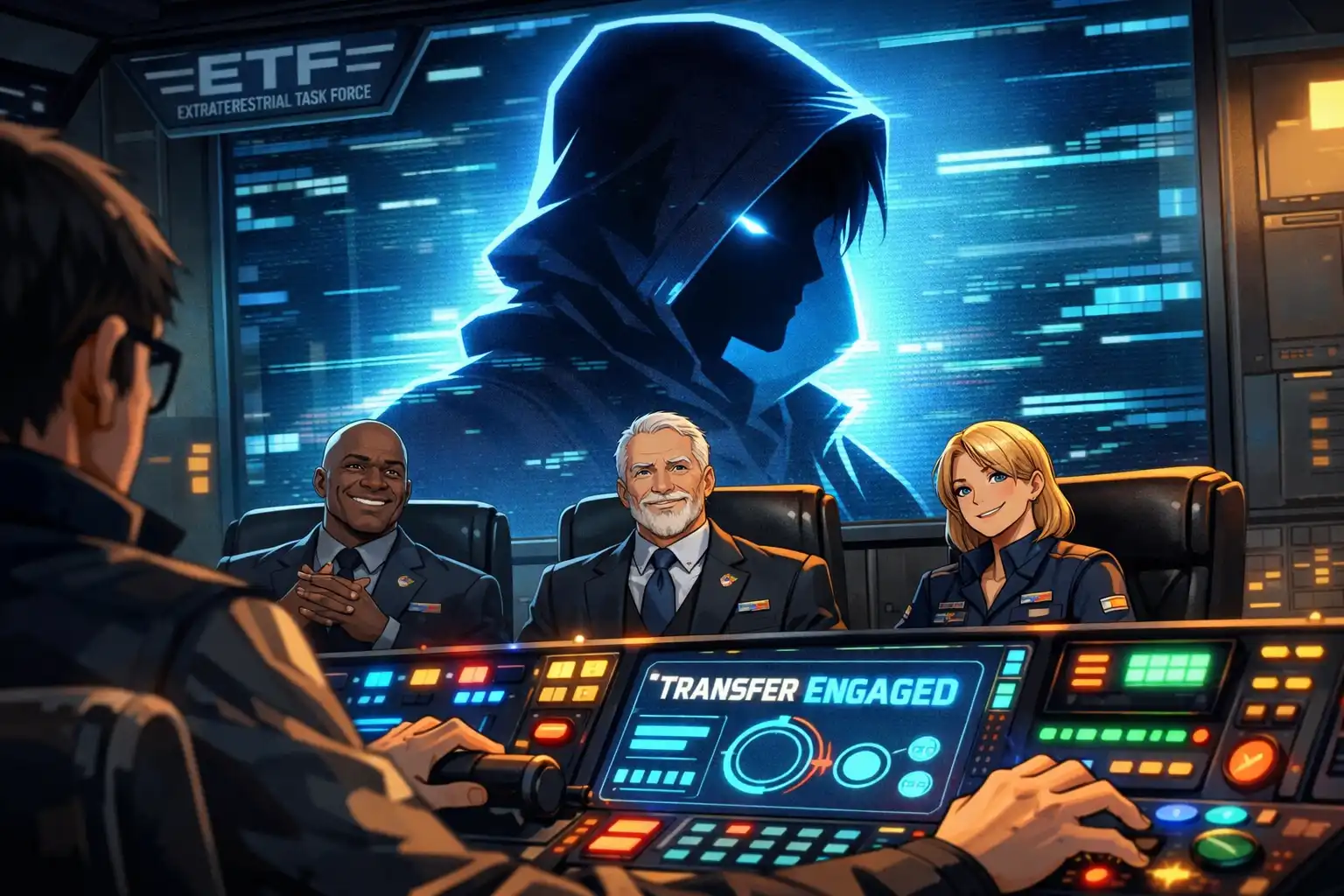 Anime-style shadowy figure with glowing profile appearing on a transfer screen while ETF leadership watches with knowing smiles, transfer manager controls glowing in the foreground