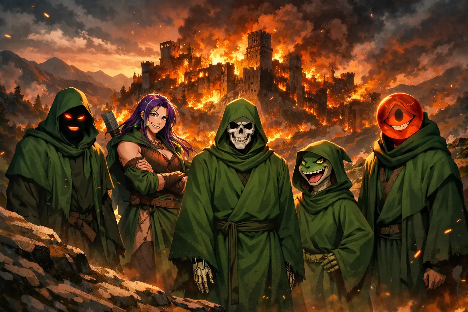 ETF and HAVOC members standing together in matching green Earth Kingdom robes, fake smiling directly at the camera with the energy of a hostage situation, several buildings on fire in the background that everyone is pretending not to notice, Catty Von Catacean front and center looking genuinely delighted