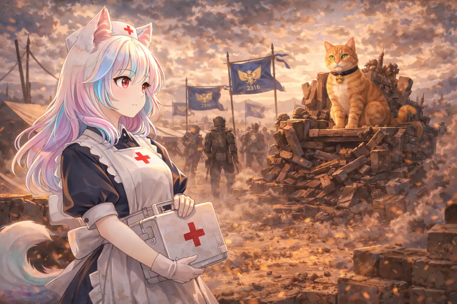 Anime-style landscape of Catty von Catacean in a vintage nurse's outfit, holding a first-aid kit while looking wistfully toward the 2316 camp where the orange tabby Petrarca sits regally on a throne of debris