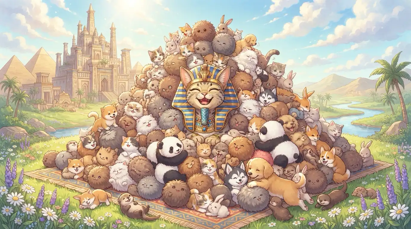 Pharoanic cat wearing a golden Egyptian headdress and grinning in the center of an enormous pile of adorable animals on an ornate rug, pandas and bunnies and kittens and corgis and huskies and fluffy round things of indeterminate species heaped on top of each other in every direction, an Egyptian palace and pyramids in the background, daisies and wildflowers in the grass, everyone smiling, nobody concerned about the sheer volume of cuteness, the pile still growing