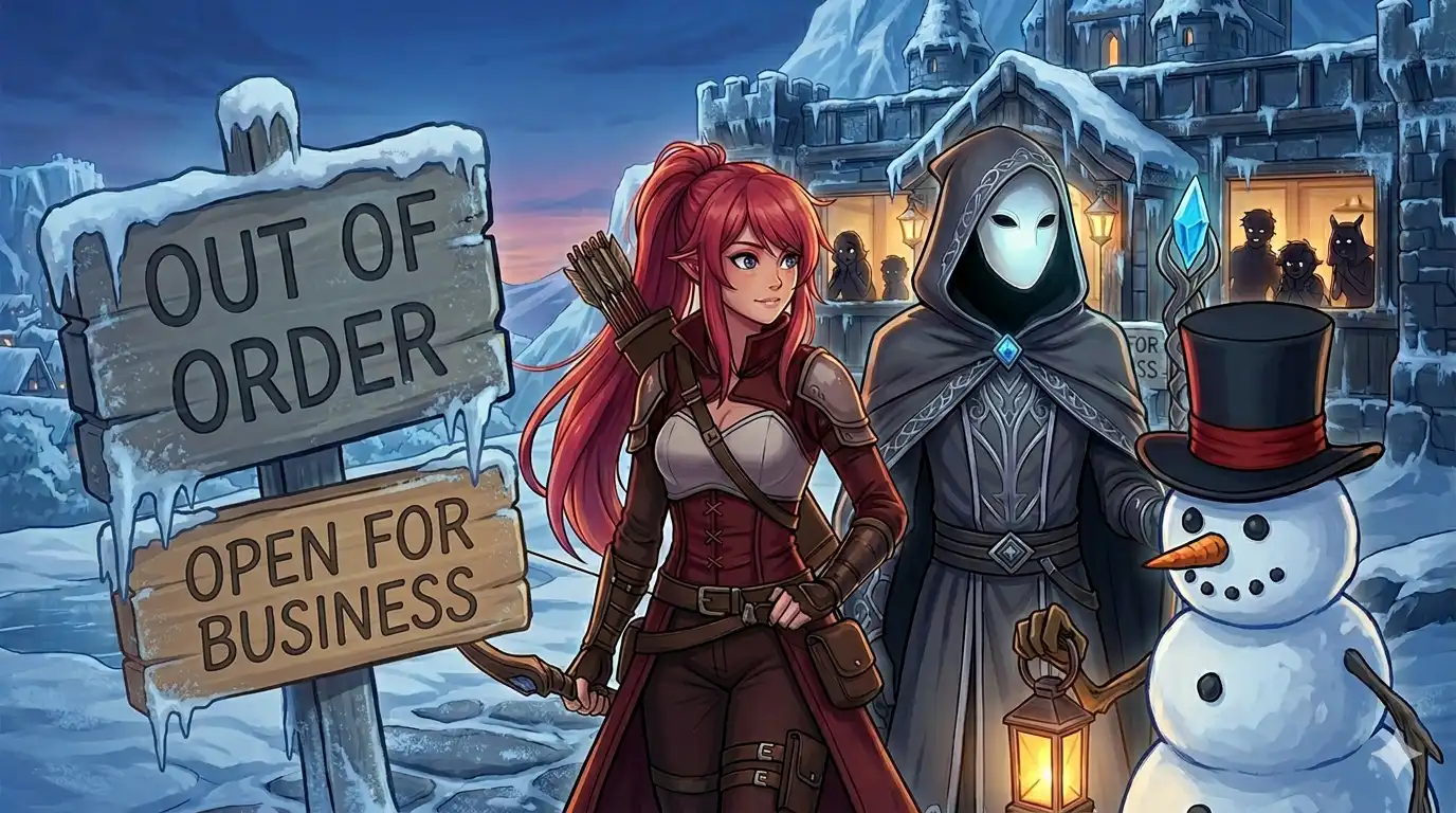 An alliance hall with an OUT OF ORDER sign being quietly flipped to OPEN FOR BUSINESS, three impressive silhouettes walking through the door with their gear, the existing members trying to look casual about how excited they are
