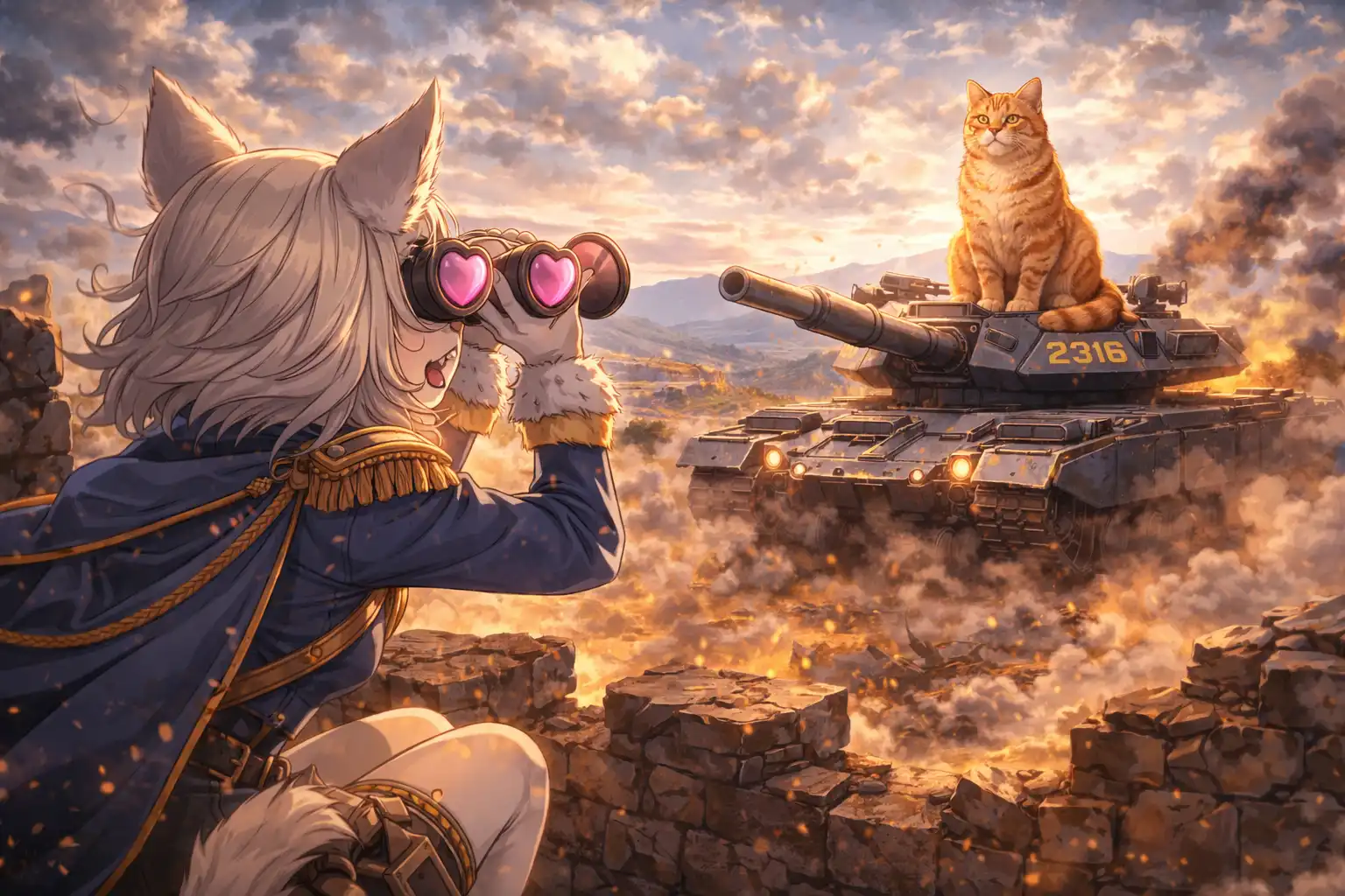 Anime-style landscape of Catty von Catacean perched on a crumbling wall, looking through heart-shaped binoculars at a majestic orange tabby cat sitting regally on a 2316 battle tank