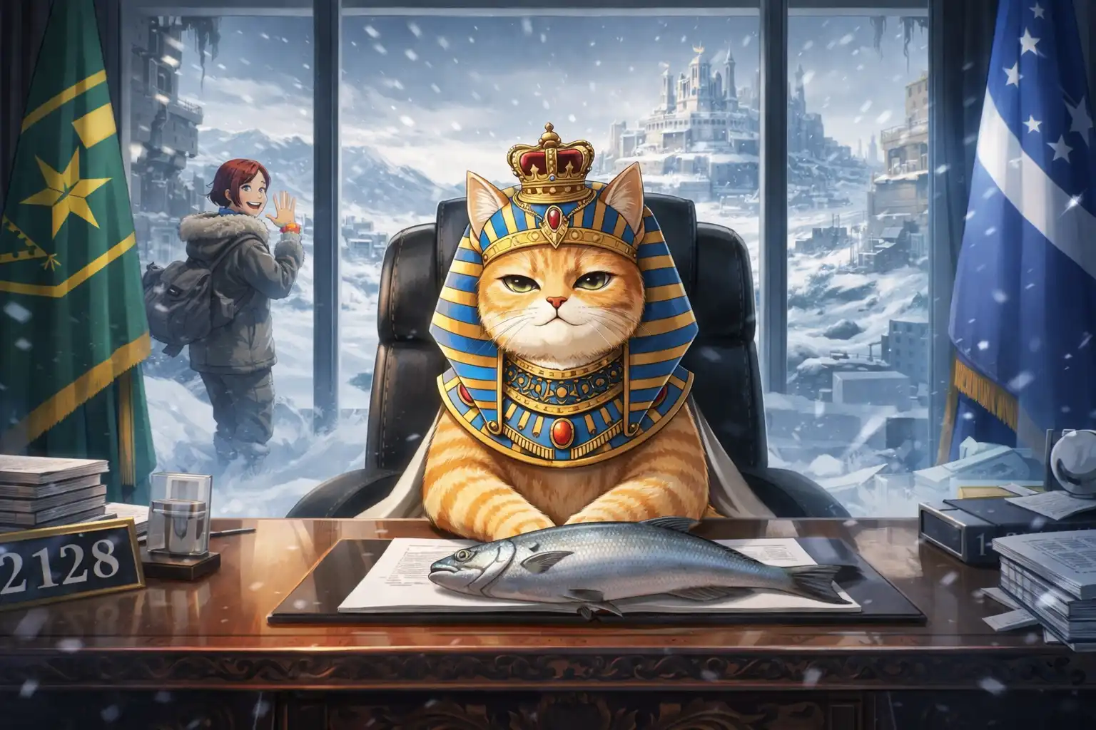 Pharaonic Cat sitting behind the presidential desk looking regal and entirely unbothered, a tiny crown slightly askew, a fish where the gavel should be, Dii visible in the background already on vacation